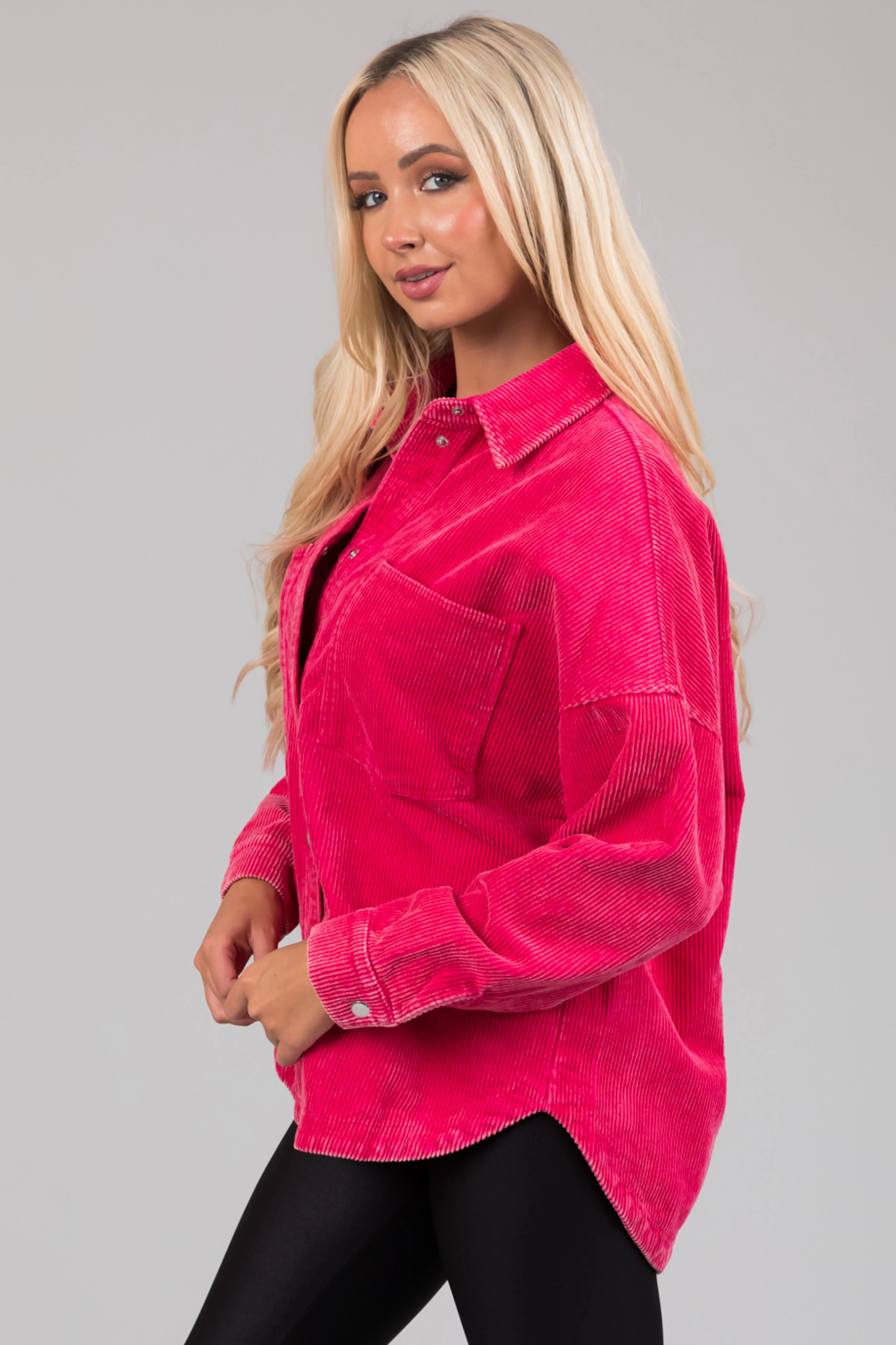 She Sky Hot Pink Snap Button Corduroy Shacket