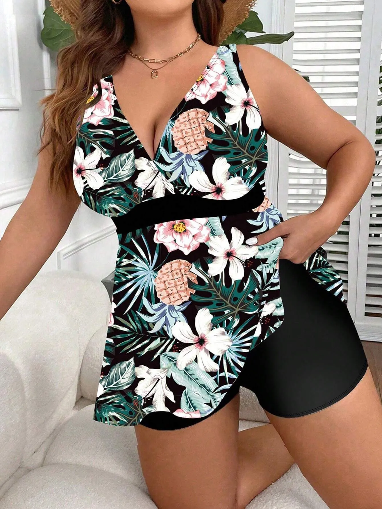 SHEIN Swim Lushore Plus Size Women's Random Printed Simple Daily Vest-Style Swimsuit (Copyright Purchased)