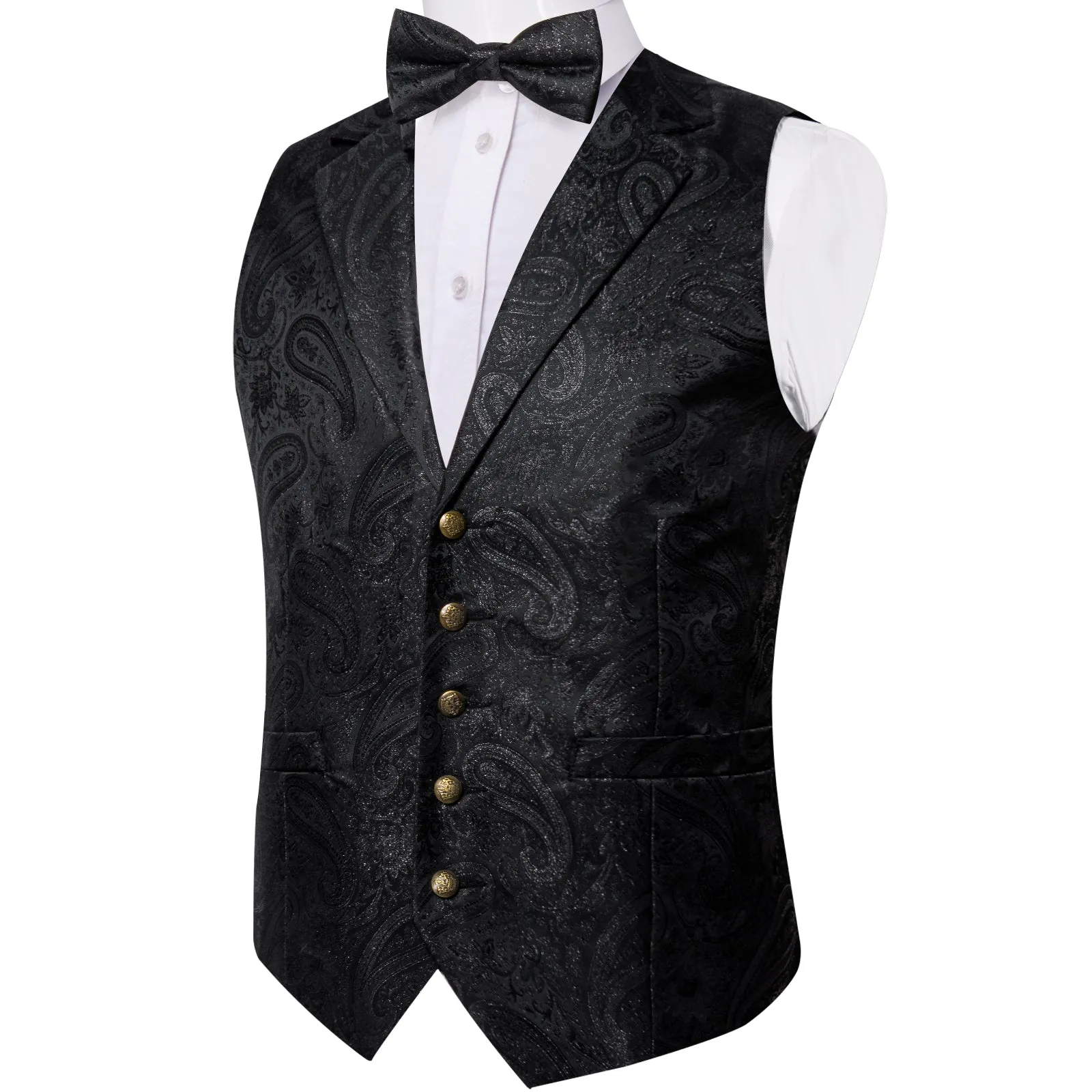 Shining Black Paisley Jacquard Silk Men's Collar Vest Bow Tie Handkerchief Cufflinks Set