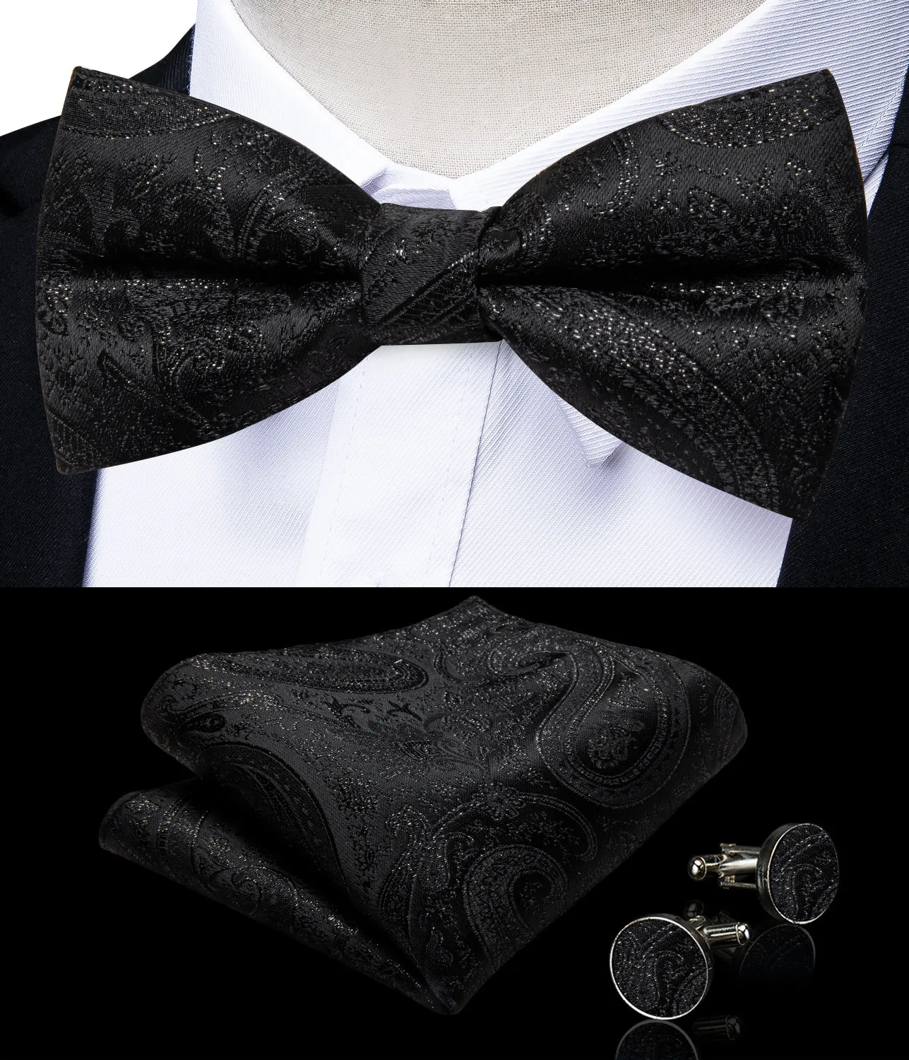 Shining Black Paisley Jacquard Silk Men's Collar Vest Bow Tie Handkerchief Cufflinks Set