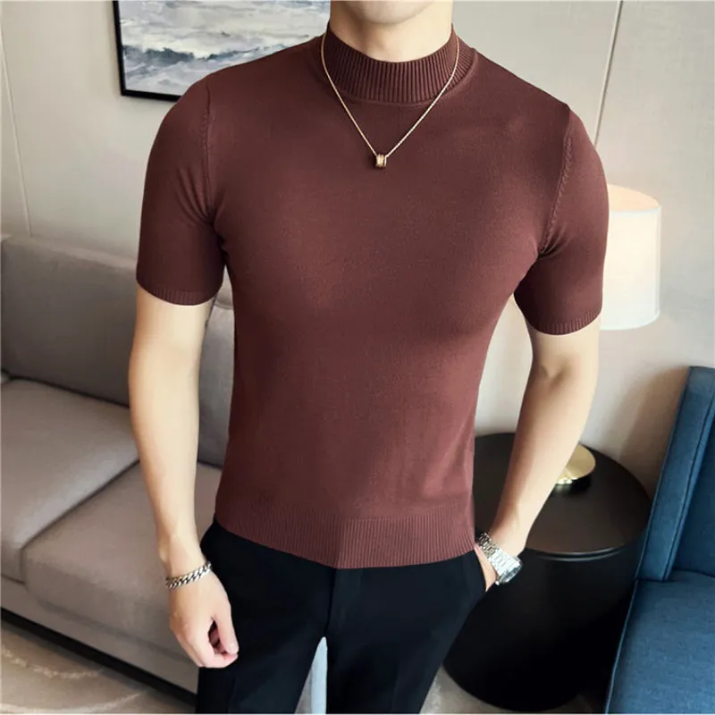 Slim Fit Half Turtleneck Knitted Short Sleeved T-Shirt