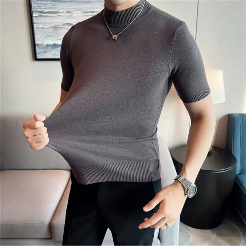 Slim Fit Half Turtleneck Knitted Short Sleeved T-Shirt