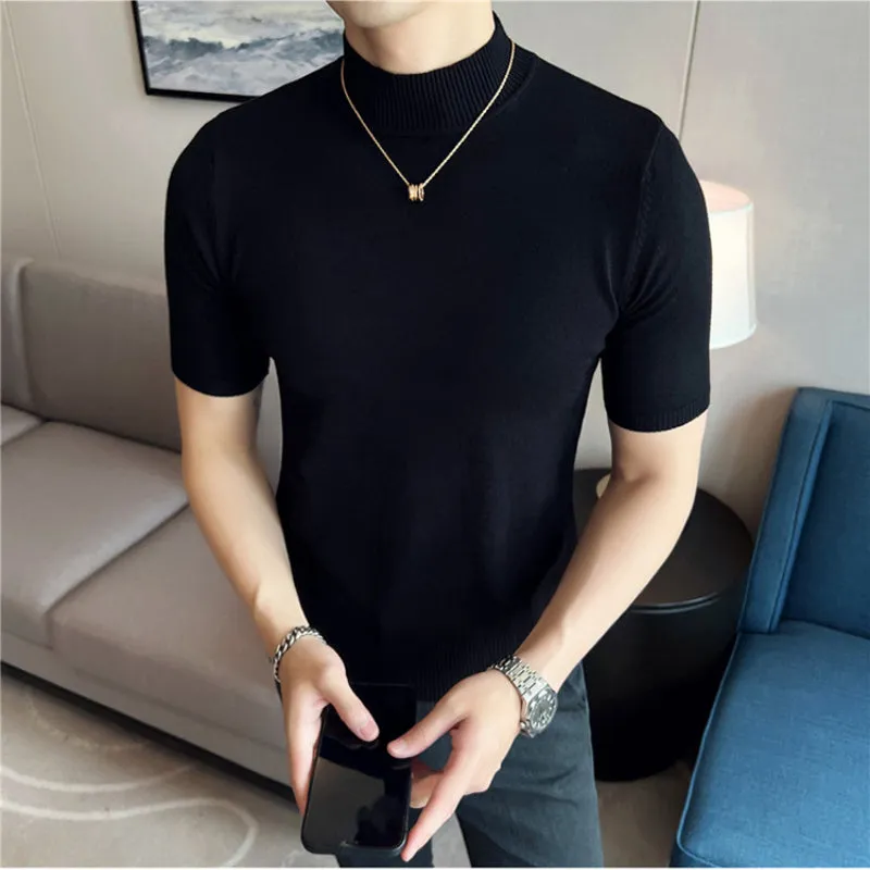 Slim Fit Half Turtleneck Knitted Short Sleeved T-Shirt