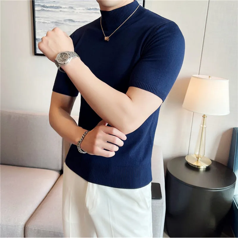 Slim Fit Half Turtleneck Knitted Short Sleeved T-Shirt