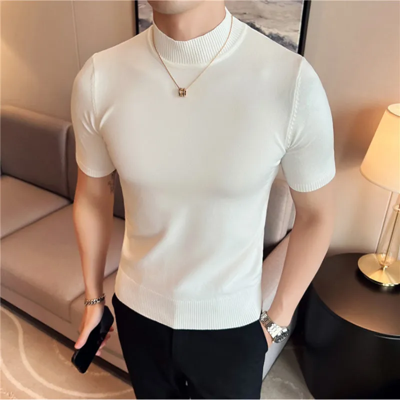 Slim Fit Half Turtleneck Knitted Short Sleeved T-Shirt