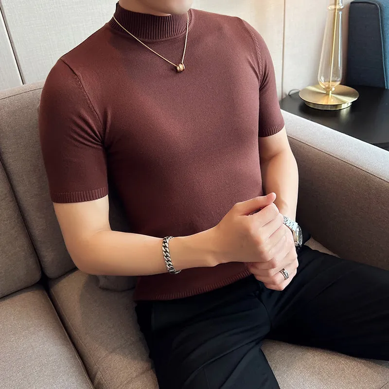 Slim Fit Half Turtleneck Knitted Short Sleeved T-Shirt