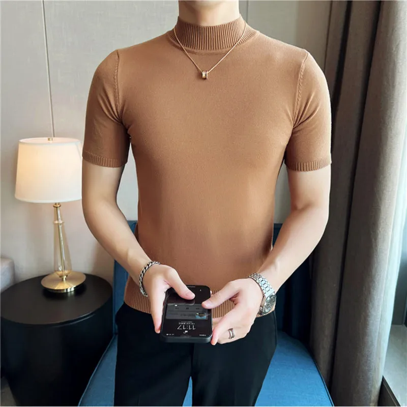 Slim Fit Half Turtleneck Knitted Short Sleeved T-Shirt