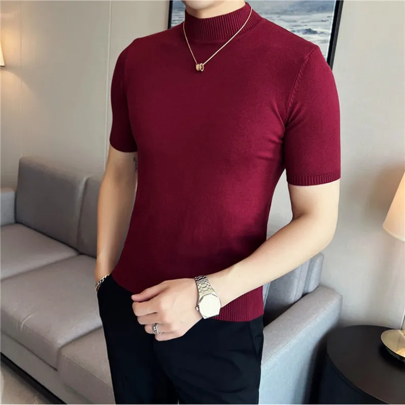 Slim Fit Half Turtleneck Knitted Short Sleeved T-Shirt