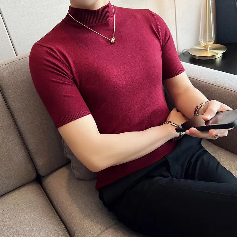 Slim Fit Half Turtleneck Knitted Short Sleeved T-Shirt