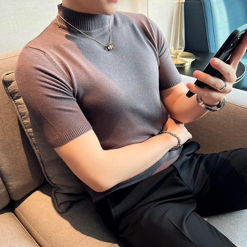 Slim Fit Half Turtleneck Knitted Short Sleeved T-Shirt