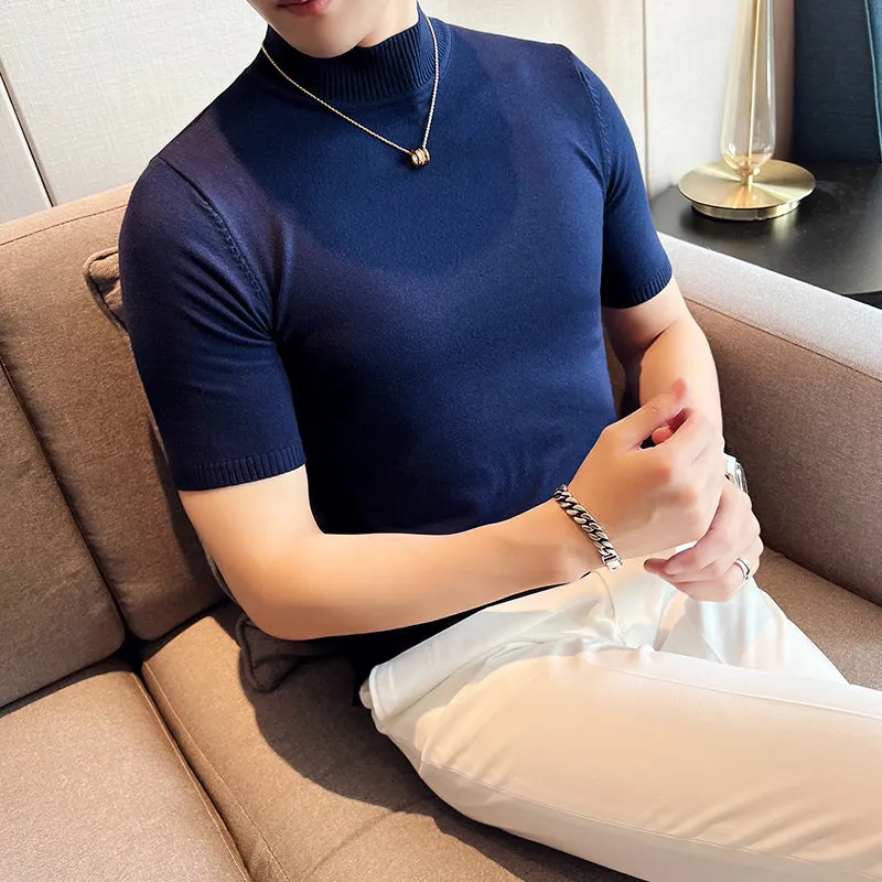 Slim Fit Half Turtleneck Knitted Short Sleeved T-Shirt