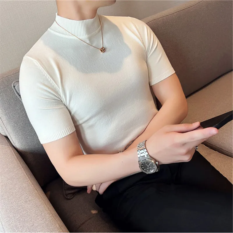 Slim Fit Half Turtleneck Knitted Short Sleeved T-Shirt