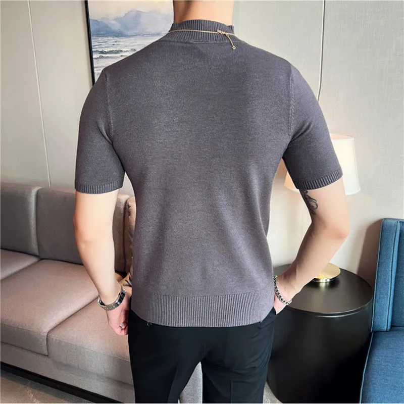 Slim Fit Half Turtleneck Knitted Short Sleeved T-Shirt