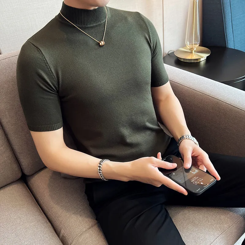 Slim Fit Half Turtleneck Knitted Short Sleeved T-Shirt