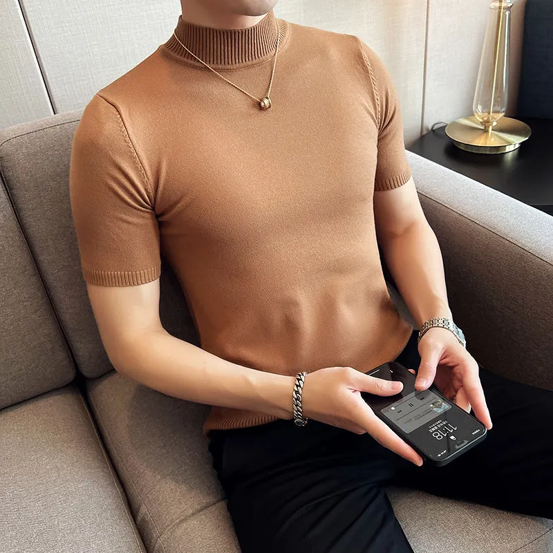 Slim Fit Half Turtleneck Knitted Short Sleeved T-Shirt