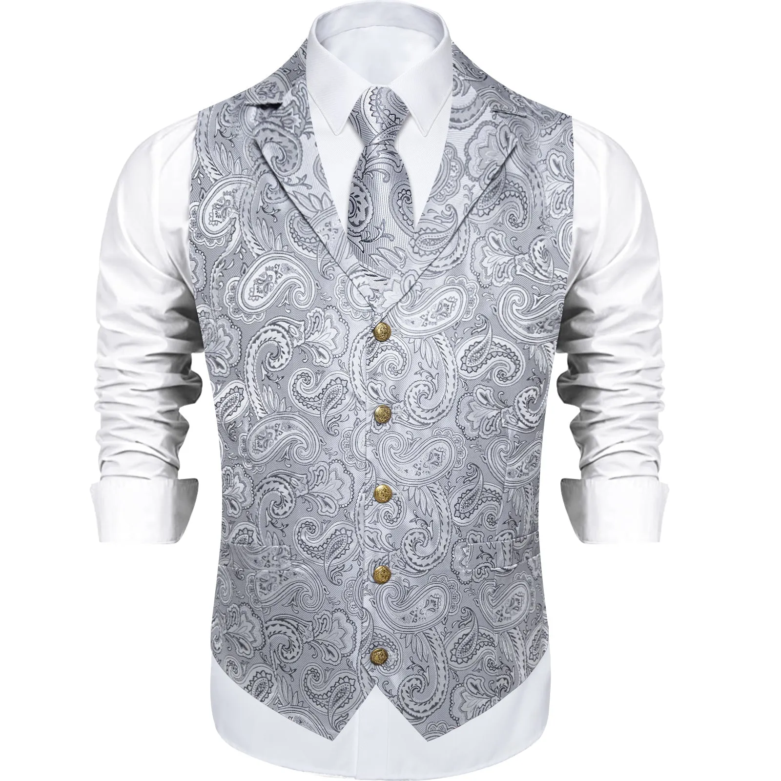 Sliver Grey Paisley Men's Collar Vest Tie Hanky Cufflinks Set Waistcoat Suit Set