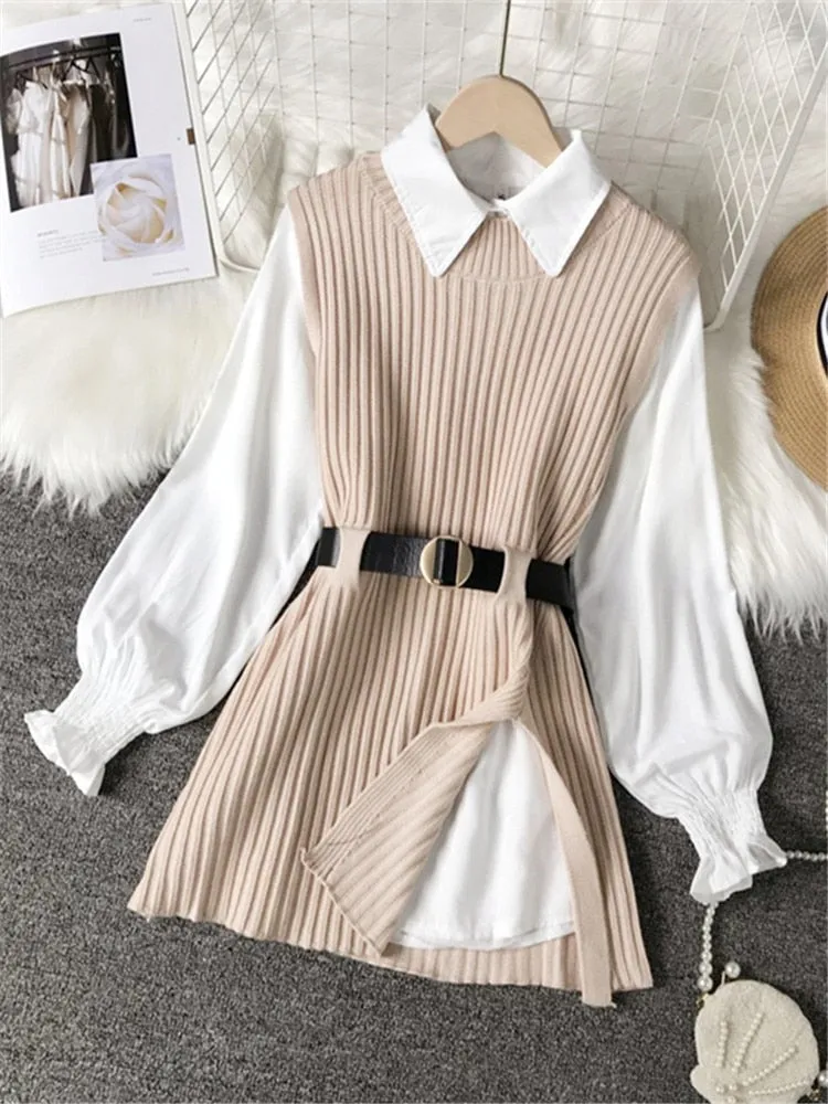 spring autumn women&#39;s lantern sleeve shirt knitted vest two piece sets of College style waistband vest two sets top UK900