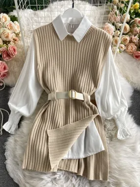 spring autumn women&#39;s lantern sleeve shirt knitted vest two piece sets of College style waistband vest two sets top UK900