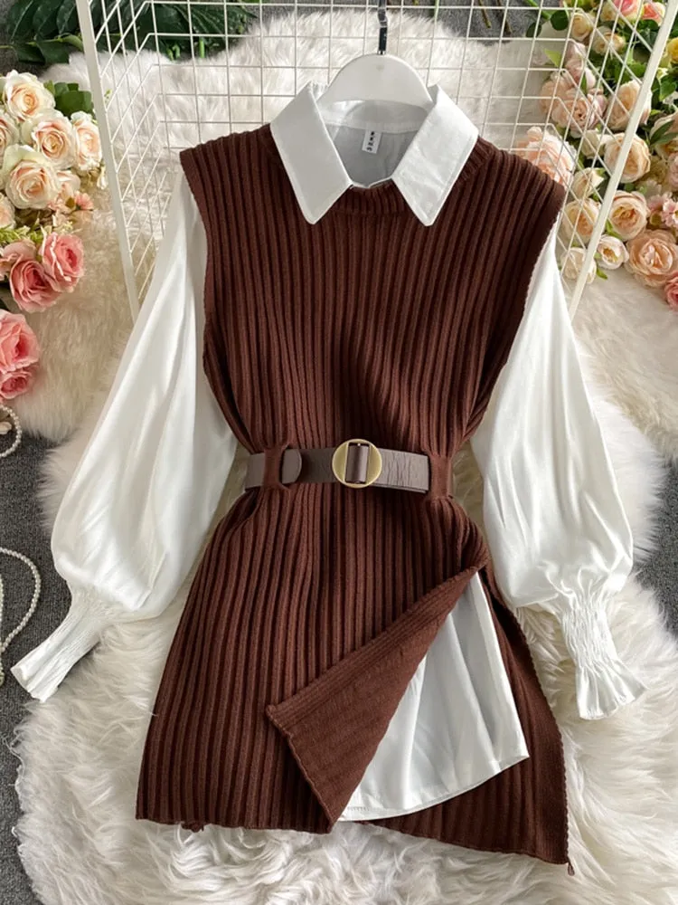 spring autumn women&#39;s lantern sleeve shirt knitted vest two piece sets of College style waistband vest two sets top UK900