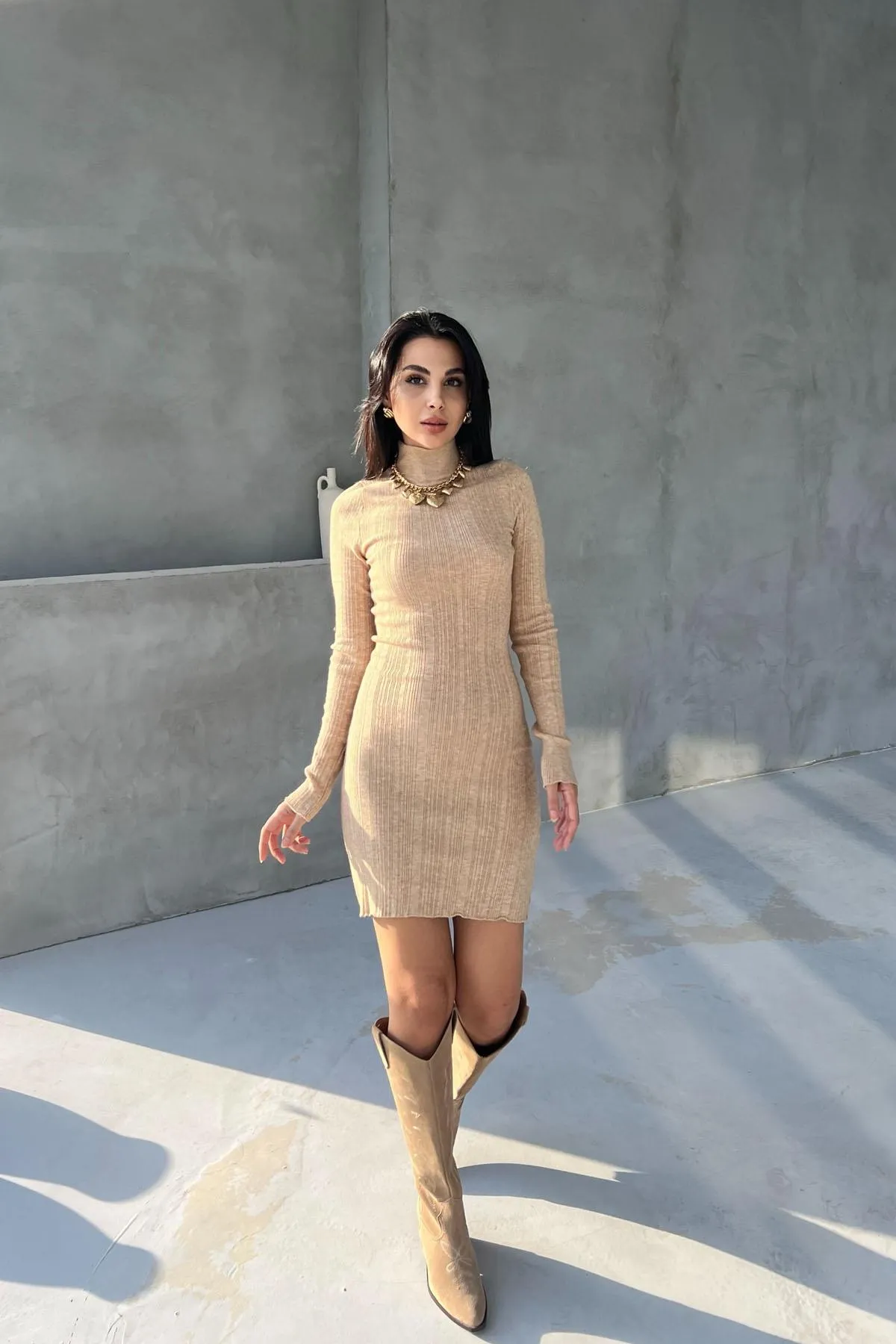 Stone Ribbed Half Turtleneck Knit Dress