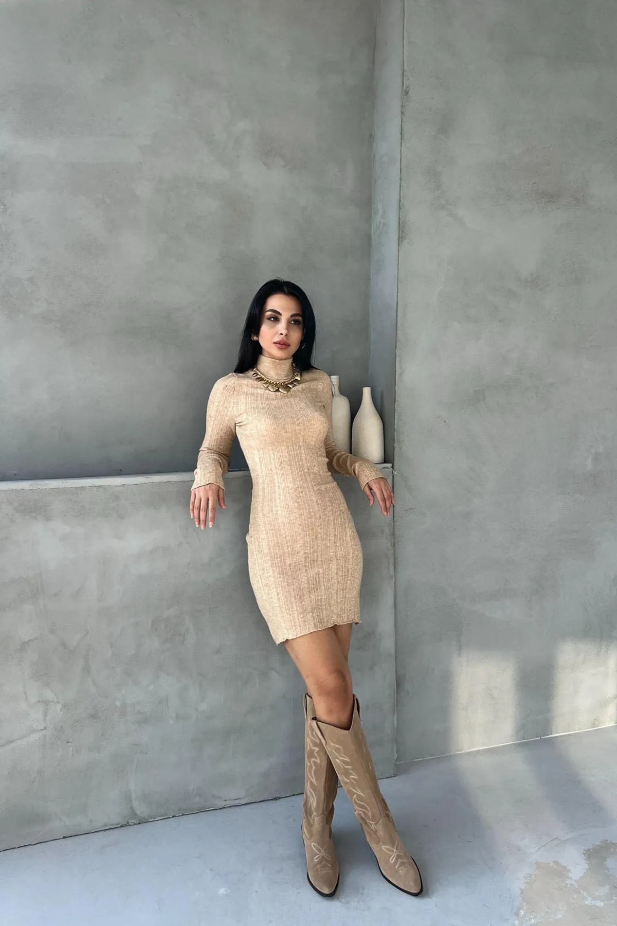 Stone Ribbed Half Turtleneck Knit Dress