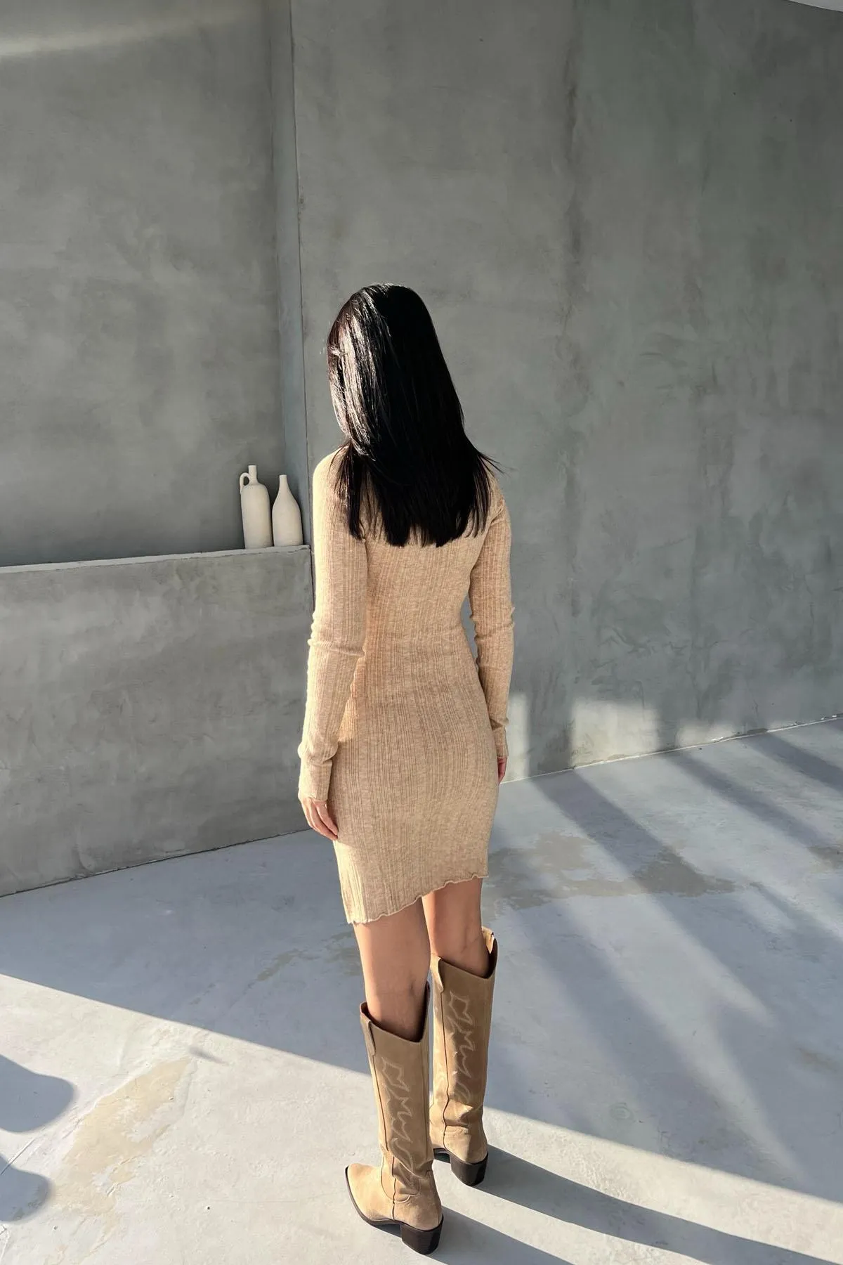 Stone Ribbed Half Turtleneck Knit Dress