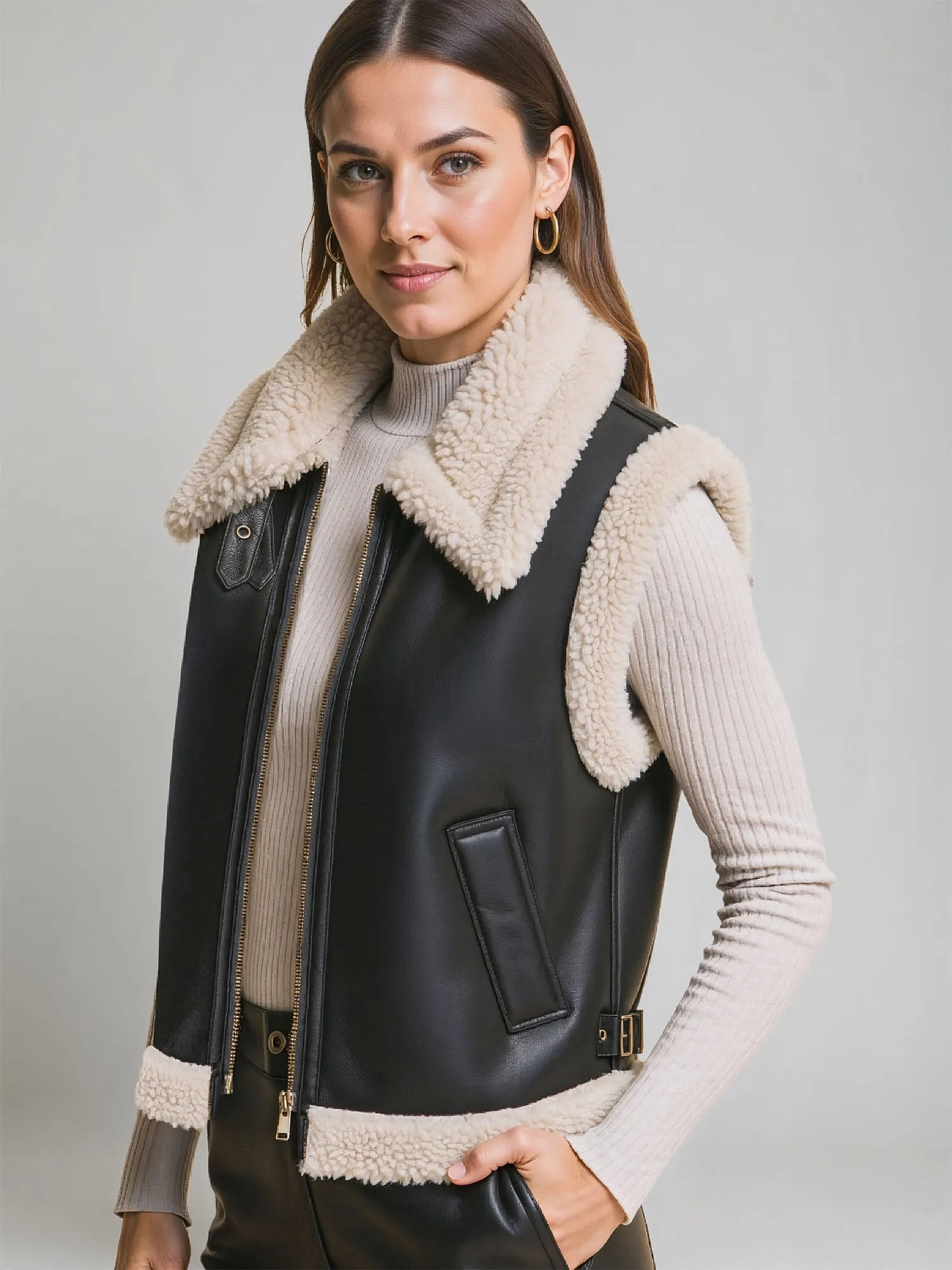 Stylish Sherpa Collar Vegan Leather Vest