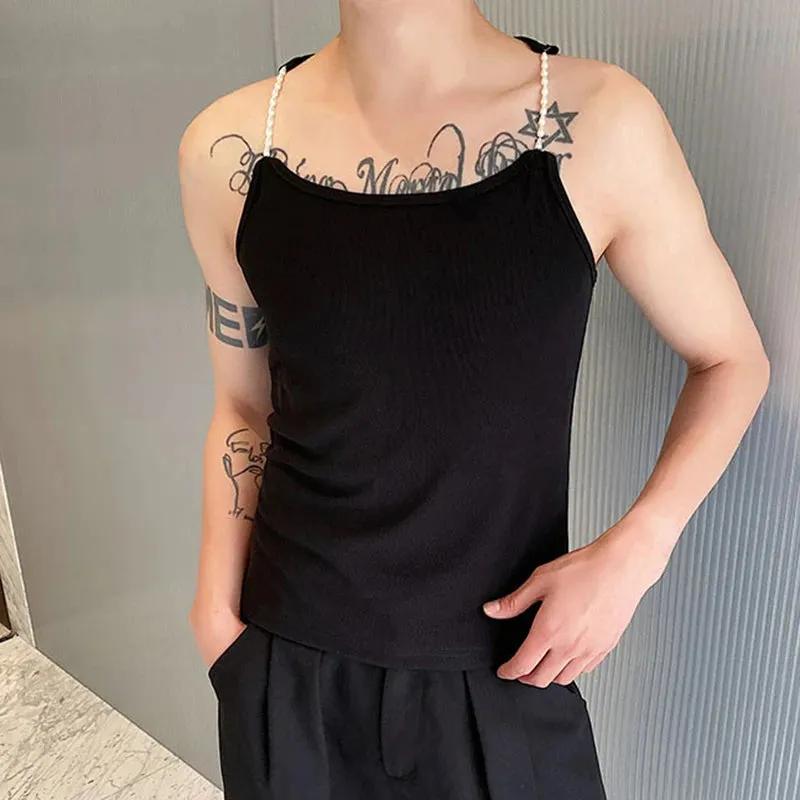 Summer Personalized Male Vest Pearl Shoulder Strap Elastic Short Tank Top Trendy Knitted Ribbed Sleeveless Tops 9C5475