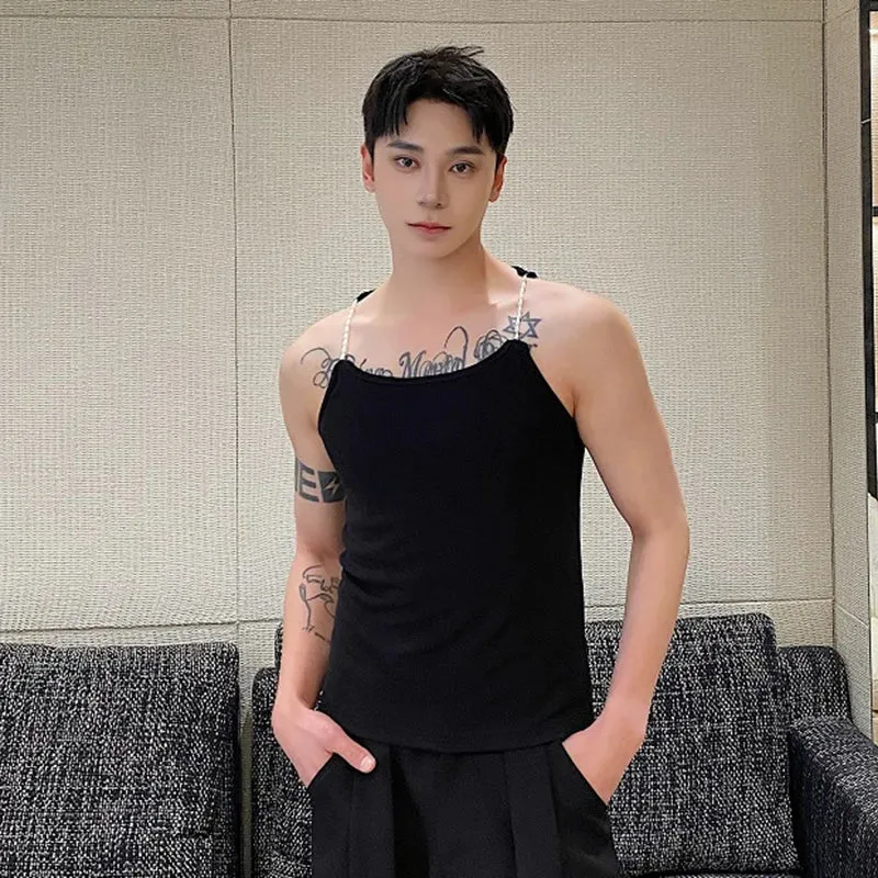 Summer Personalized Male Vest Pearl Shoulder Strap Elastic Short Tank Top Trendy Knitted Ribbed Sleeveless Tops 9C5475