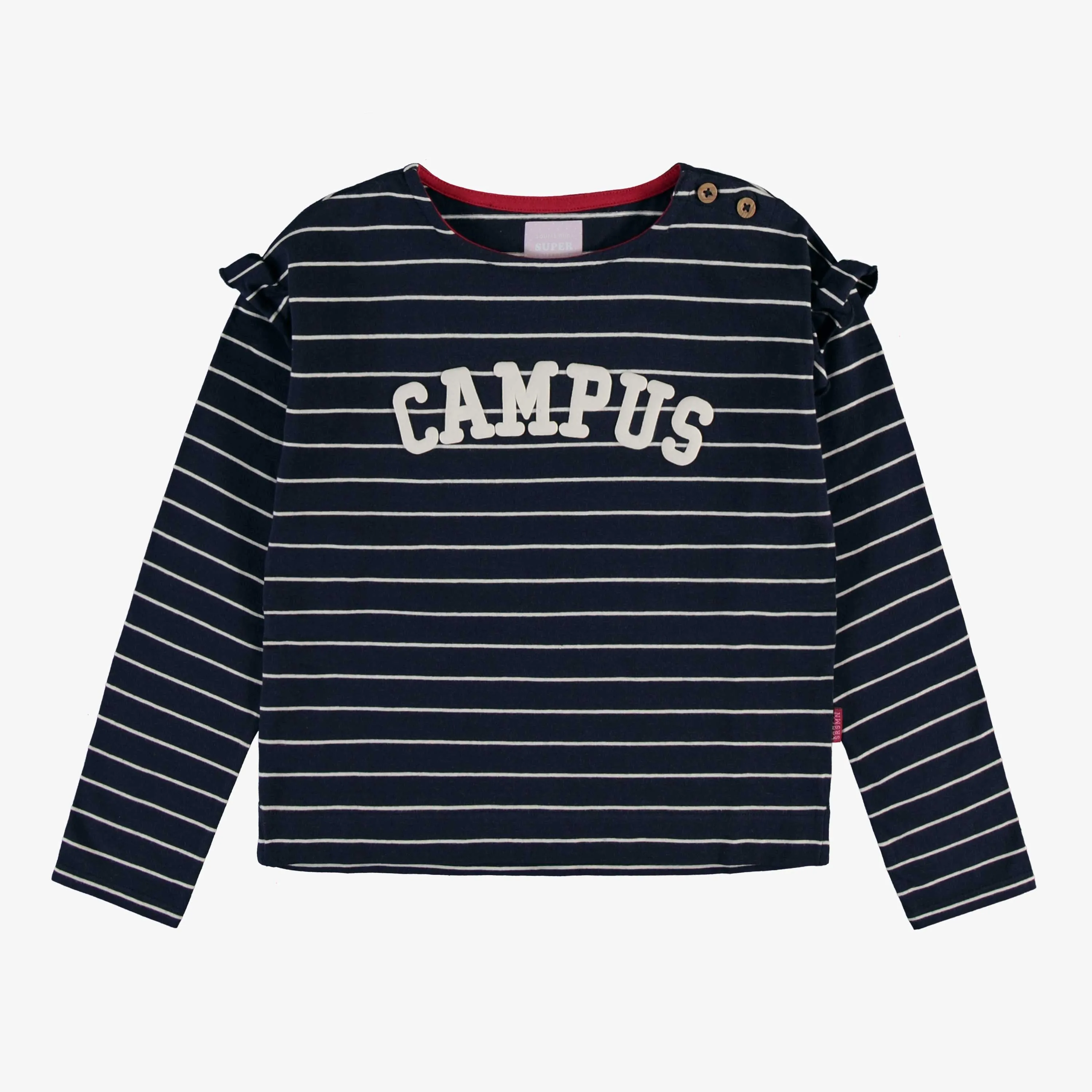 T-shirt marine à rayures crème à avec encolure bateau en jersey extensible, enfant || Navy t-shirt with cream stripes, long sleeves and a boat neckline, child