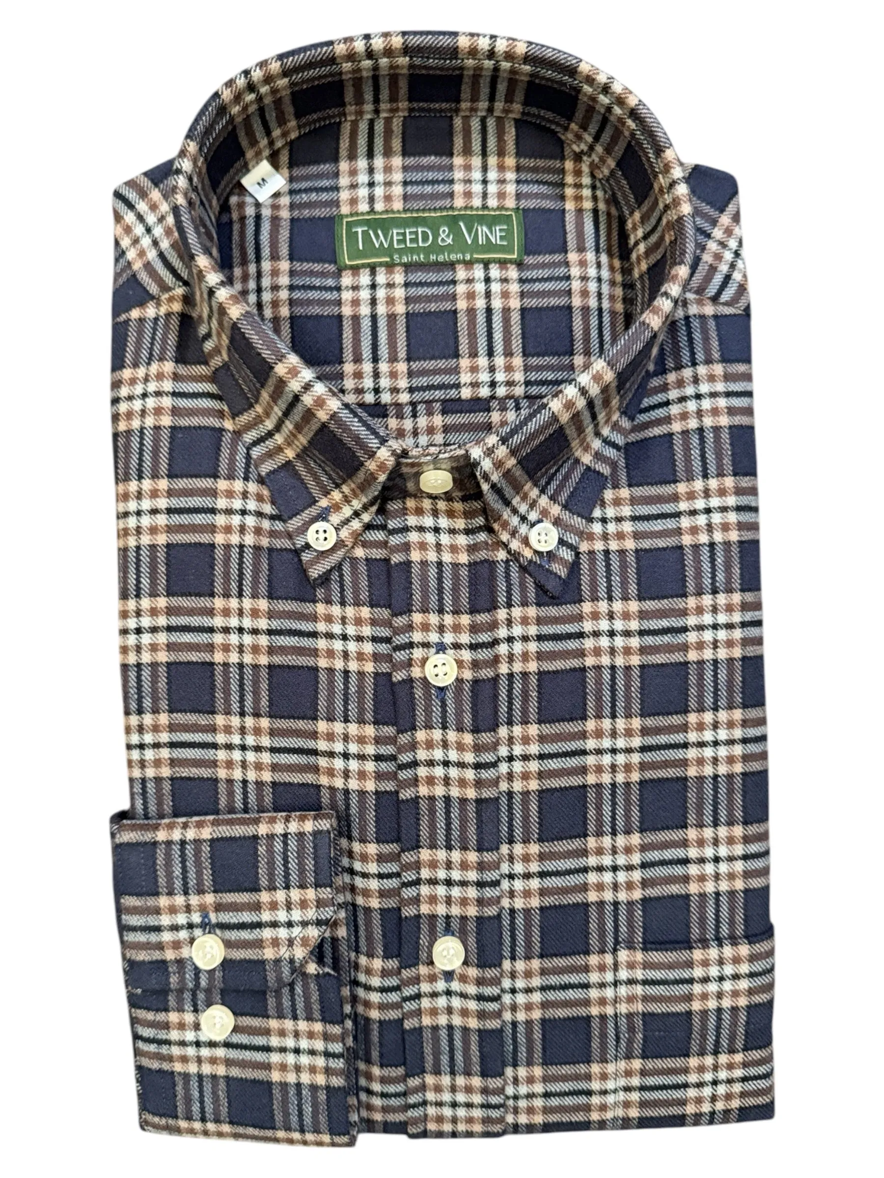 T&V Classic Brushed Cotton BD Shirt in Navy/Brown Plaid