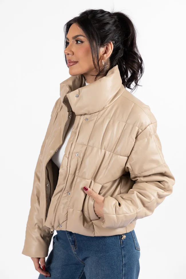 Things Take Time Khaki Faux Leather Puffer Jacket SALE