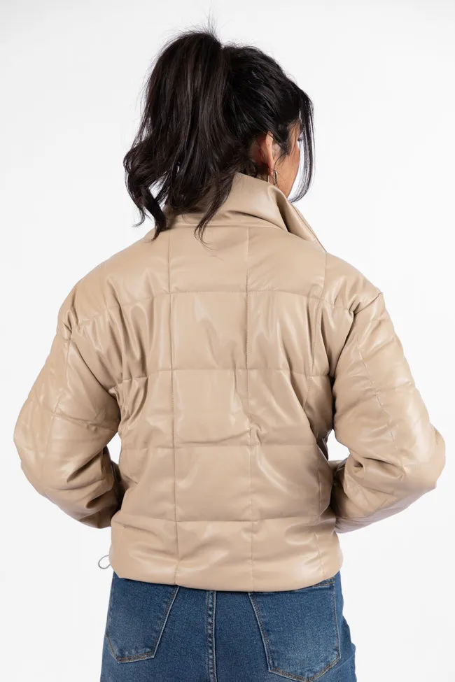 Things Take Time Khaki Faux Leather Puffer Jacket SALE