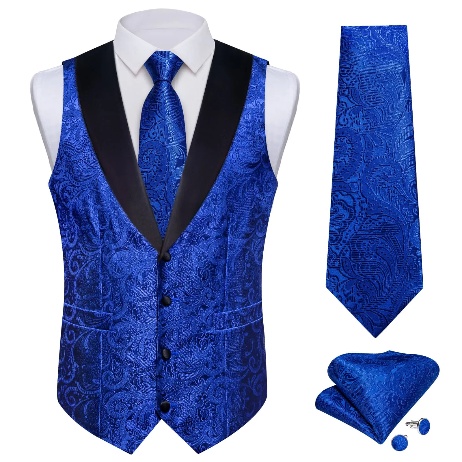 Ties2you Dress Vest Cobalt Blue Floral Shawl Collar Silk Mens Waistcoat Tie Set