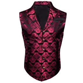 Ties2you Men's Vest Black Ruby Red Jacquard Floral Silk Suit Vest