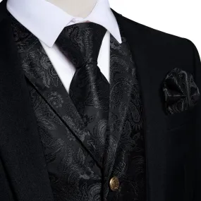 Ties2you Men's Vest Ink Black Floral Silk Waistcoat Suit Vest Tie Set