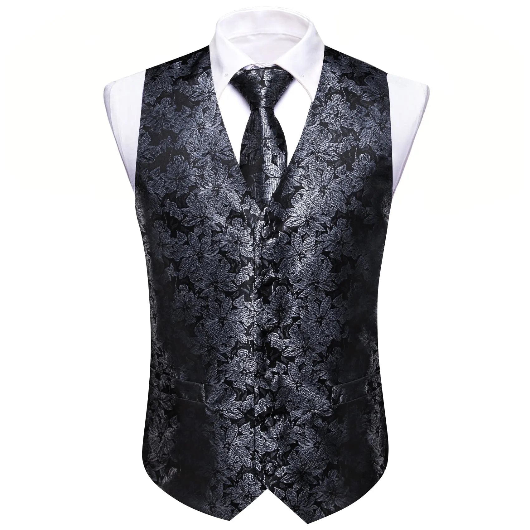 Ties2you Mens Vest Top Deep Grey Floral Silk Dress Vest Tie Handkerchief Cufflinks Set