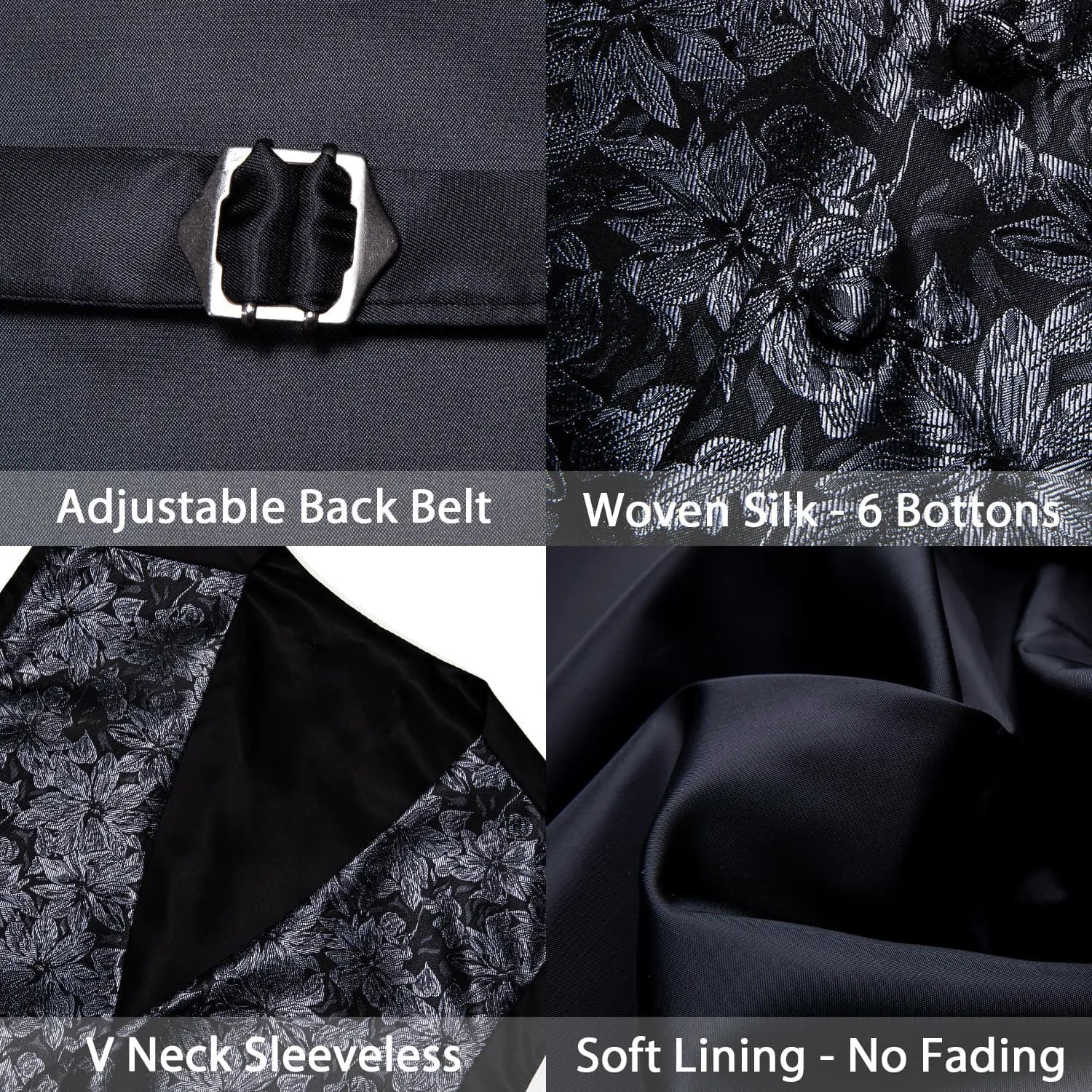 Ties2you Mens Vest Top Deep Grey Floral Silk Dress Vest Tie Handkerchief Cufflinks Set