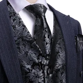 Ties2you Mens Vest Top Deep Grey Floral Silk Dress Vest Tie Handkerchief Cufflinks Set