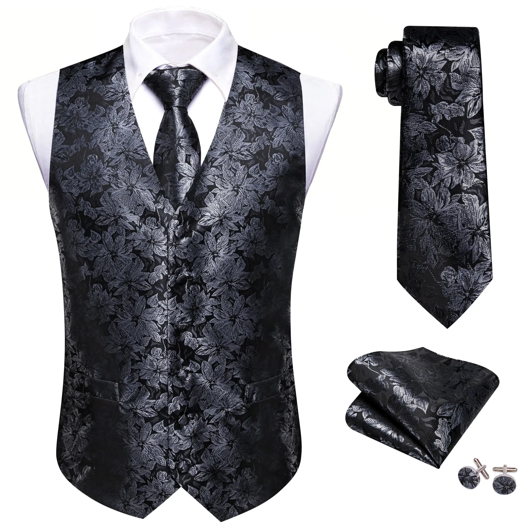 Ties2you Mens Vest Top Deep Grey Floral Silk Dress Vest Tie Handkerchief Cufflinks Set