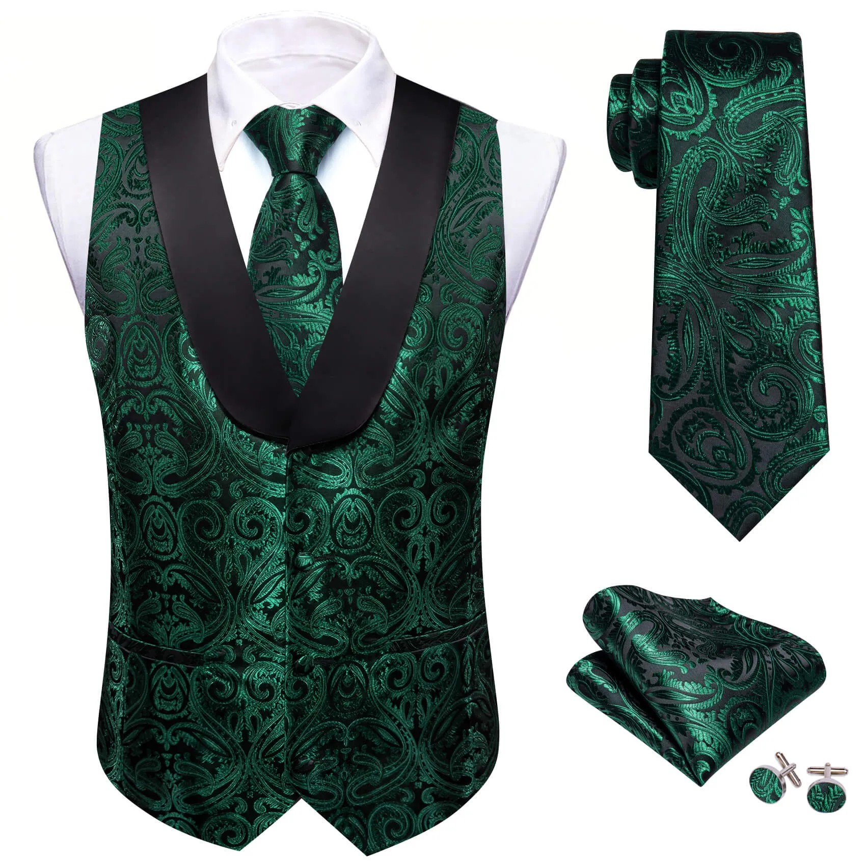 Ties2you Shawl Collar Vest Dark Green Jacquard Paisley Men's Silk Vest Tie Set