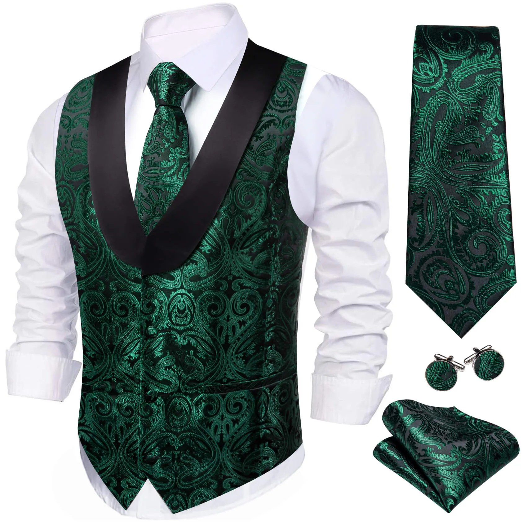 Ties2you Shawl Collar Vest Dark Green Jacquard Paisley Men's Silk Vest Tie Set