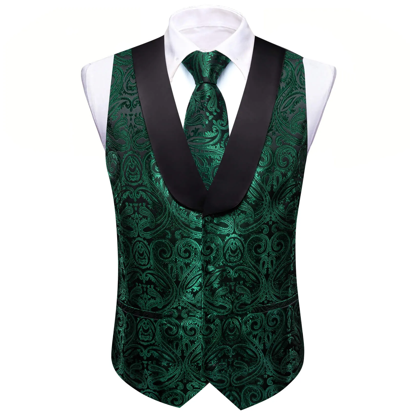 Ties2you Shawl Collar Vest Dark Green Jacquard Paisley Men's Silk Vest Tie Set