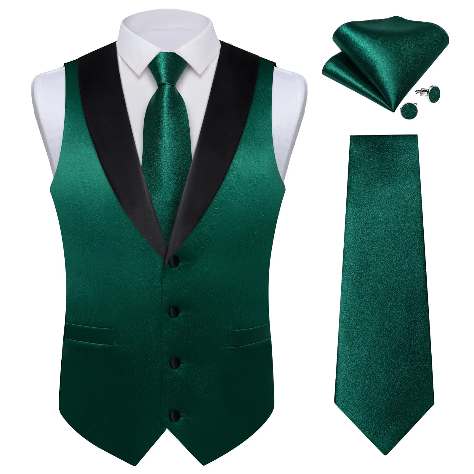 Ties2you Work Vest Shining Midnight Green Solid Shawl Collar Silk Dress Men's Vest Tie Set