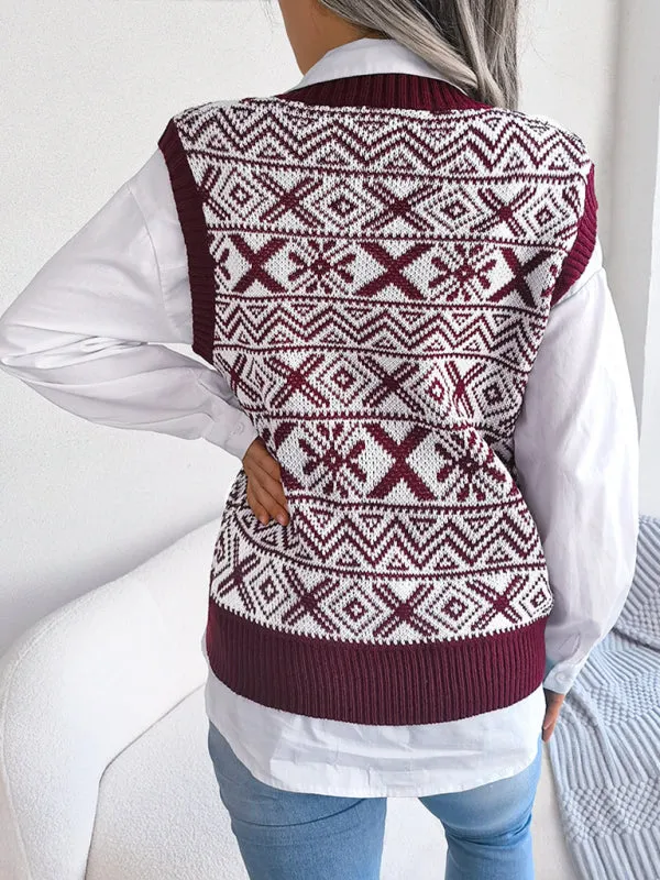 Toleet-Winter outfits Women's new Christmas snowflake pattern V-neck knitted vest sweater