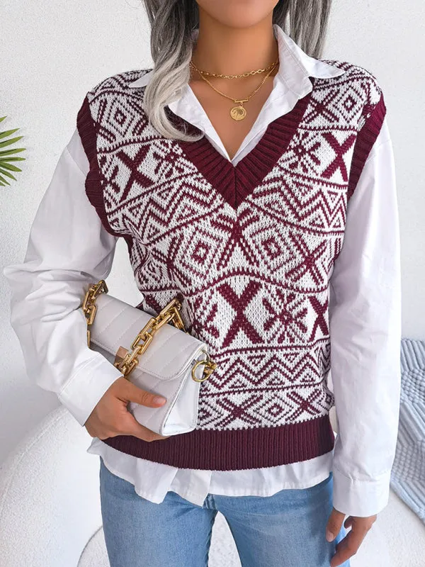 Toleet-Winter outfits Women's new Christmas snowflake pattern V-neck knitted vest sweater