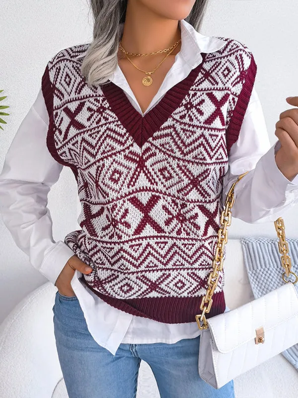 Toleet-Winter outfits Women's new Christmas snowflake pattern V-neck knitted vest sweater