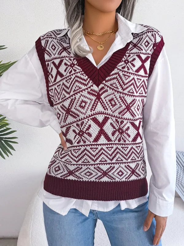 Toleet-Winter outfits Women's new Christmas snowflake pattern V-neck knitted vest sweater