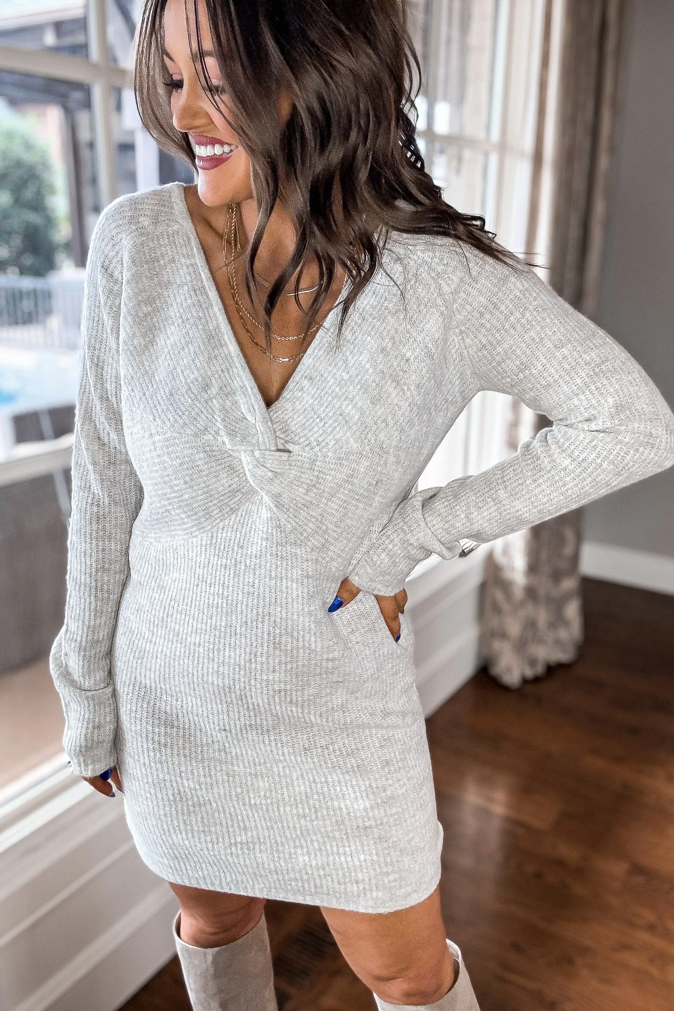 Twist Light Grey Two-Tone Sweater Dress