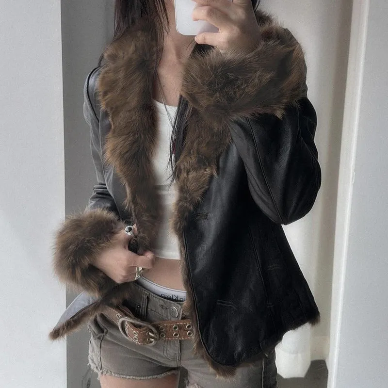 Uniwim cold weather outfits 2024 Autumn and Winter Maillard Fur Collar Leather Coat American Street Hot Girl Style Loose Cardigan Top